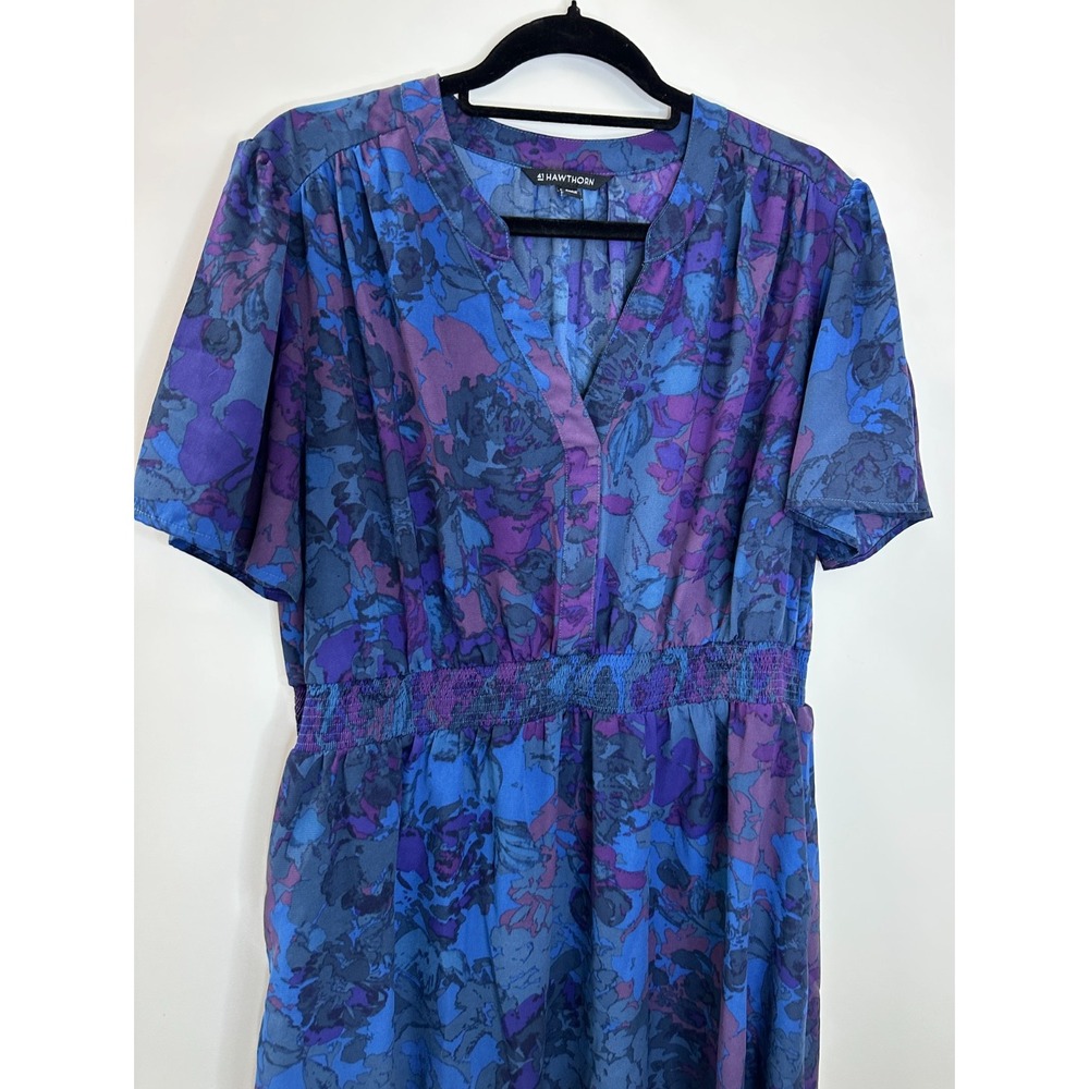 41 Hawthorn Smocked Waist V-Neck Midi Dress Floral Blue Purple SS Fit & Flare XL - Picture 3 of 11
